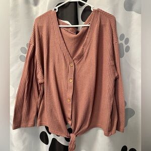 SHEIN Curve, V-neck Waffle Long Sleeve Tee, Tie Front, Buttons, Maroon, Size 3XL